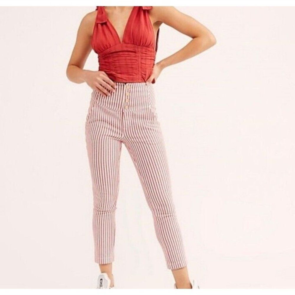 Free People Pants Red White Striped Frankie High Waist‎ Skinny Nautical Size  0